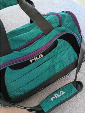 Vintage FILA Exovent Sport Gym Duffle Bag Pocket Large 20" Black Teal & Purple